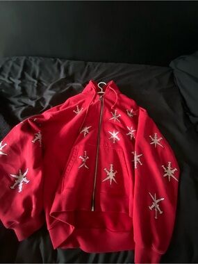 Red Embroidered Zip-Front Bomber Hoodie Jacket